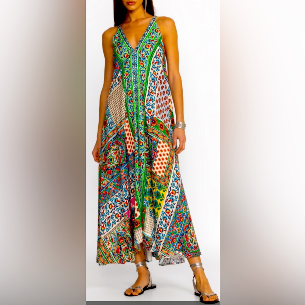 Johnny Was Patchwork Maxi Asymmetrical Studs On Vneck SzL